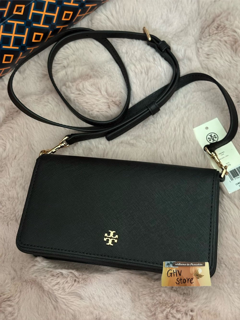 Tory Burch Black Saffiano Crossbody Wallet with Gold Logo